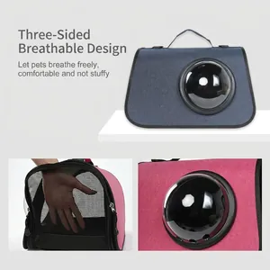 Foldable pet carrier with bubble window and breathable mesh in navy blue and rose red colors