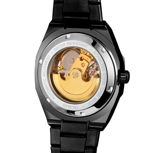Detailed view of automatic mechanical watch movement through a transparent case back
