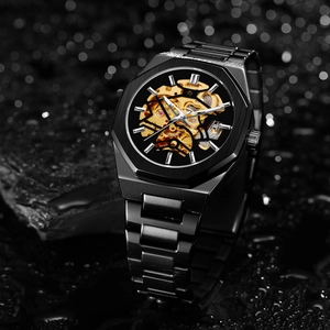Macro detail of men's black automatic watch with hollow gold movement and polygon case