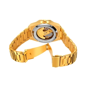 Detailed back view of golden automatic mechanical watch with transparent case back