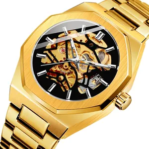 Gold stainless steel automatic skeleton mechanical watch with octagonal bezel and link band