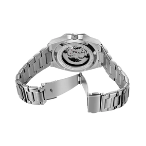 Macro view of automatic mechanical movement through stainless steel skeleton case back