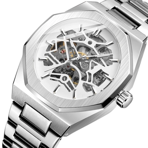 Macro detail of silver stainless steel mechanical watch with skeleton dial and gears