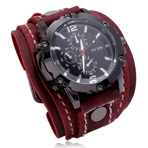 Montre manchette punk rétro pour homme en cuir bordeaux avec coutures multicouches