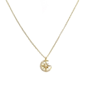 Elegant gold S925 silver necklace featuring a crescent moon and star pendant with zircons