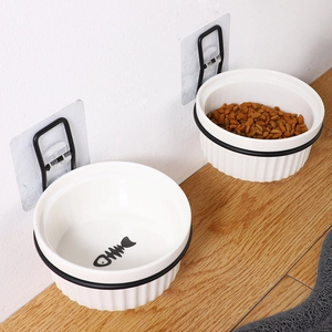 Wall-mounted ceramic pet bowl with metal stand for cats, anti-spill hanging food feeder