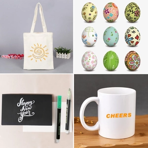 Dual-line outline markers shown on canvas bags, ceramics, and cards for DIY crafts