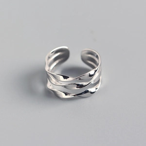 Close-up of S925 sterling silver triple-layer twisted ring with adjustable open design