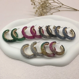 Pave Rhinestone C-Shaped Hoop Earrings Colorful Alloy Gold Plated Fashion Jewelry For Women Party Wedding