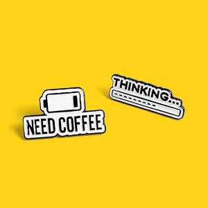 Creative battery and progress bar enamel pins with Need Coffee and Thinking text