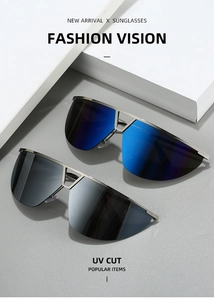Detail view of futuristic frameless Y2K sunglasses with silver metal frame and UV protection
