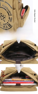 Vue détaillée du sac en toile kaki montrant la poche latérale zippée et les compartiments