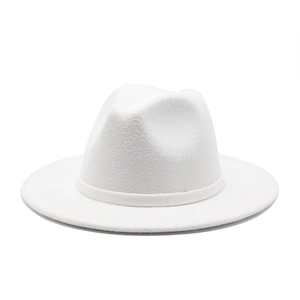 Classic white wide brim wool fedora hat for men and women with elegant matching ribbon