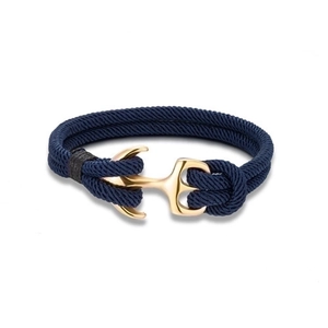Men's navy blue braided anchor bracelet with gold-plated stainless steel fastener