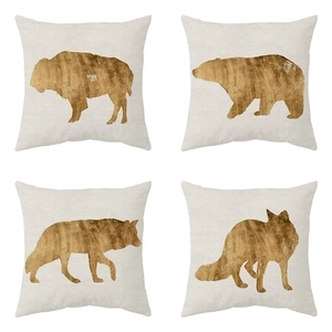 Set of 4 beige linen blend pillow covers with golden animal silhouettes for home decor