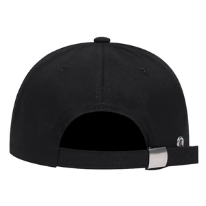 Rear view of black cotton baseball cap showing adjustable metal buckle and strap detail