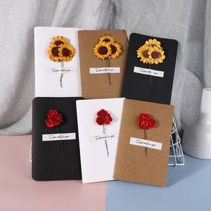 Set of 6 handmade dried flower greeting cards with sunflower and rose on kraft paper