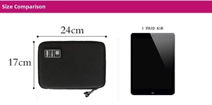 Confronto dimensioni per la borsa organizer digitale nera con tablet e misure chiare