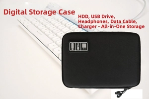 Dettaglio di una custodia nera portatile per accessori digitali con icone tecniche