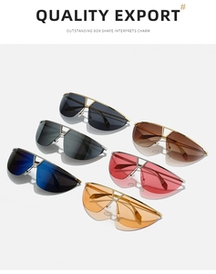 Detailed display of six colorful frameless Y2K sunglasses with metallic industrial trim