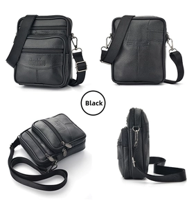 Detailed multi-angle view of black lychee texture men's waist bag with zipper compartments