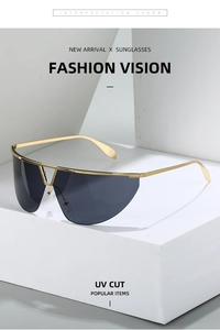 Detail of frameless golden shield sunglasses with grey lenses on white stone block
