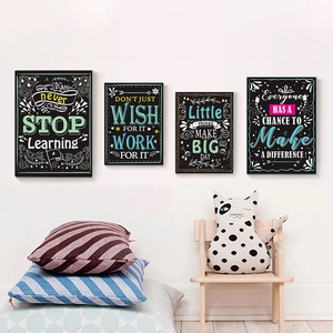 Set of four blackboard style motivational posters with white and colored chalk art lettering