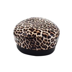Leopard print PU leather beret with black trim panel, stylish octagonal newsboy hat