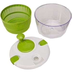 Manual plastic salad spinner with green basket and white lid on a clean white background