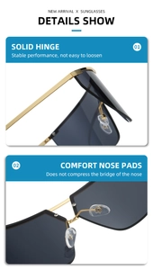 Close-up of gold metal hinges and comfortable nose pads on futuristic rimless sunglasses