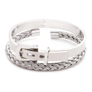 Close-up of silver stainless steel woven cable and belt buckle detail on men's bracelet