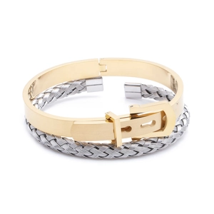 Two-tone woven stainless steel open cuff bracelet set with Roman numerals and buckle detail