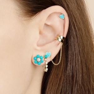 S925 silver needle heart stud earrings with flower dangle and gold chain ear cuff