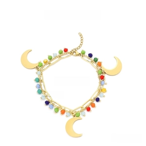Detail of gold chain bracelet with colorful crystal beads and moon charms, 190x5mm size