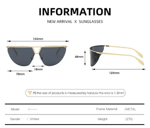 Sizing chart and dimensions for unisex frameless futuristic metal tech sunglasses