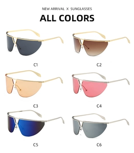 Matrix display showing six colors of futuristic rimless Y2K shield sunglasses for men and women