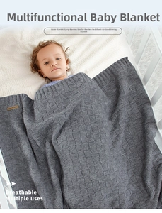Detailed macro view of gray knitted baby blanket with breathable checkered relief texture