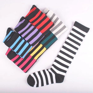 Knee-high striped socks in colorful cotton blends shown from multiple angles