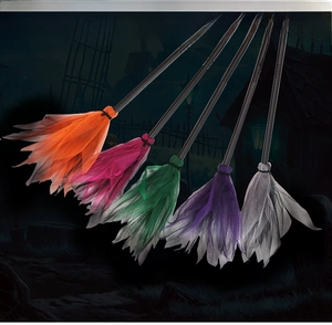 Detailed set of five colorful Halloween witch brooms with mesh wings for cosplay parties
