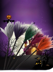Halloween witch brooms in five colors with mesh detail and festive starry background