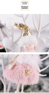 Detail of Christmas angel pendant with gold sequin hat, white wings, and pink plush dress