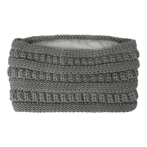 Détail de la doublure en polaire blanche épaisse d'un bandeau d'hiver en tricot gris