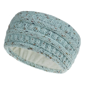 Détail du bandeau tricoté bleu clair montrant la doublure en polaire blanche et la laine