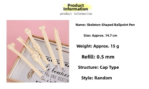 Detail showing various realistic bone-shaped ballpoint pens and technical specifications