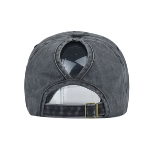 Detail view of washed cotton ponytail baseball cap with teardrop hole and metal buckle