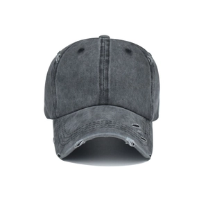 Vintage washed dark grey baseball cap with distressed hole details and retro street style