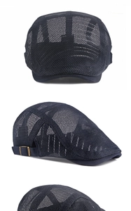 Three views of a navy blue breathable mesh beret cap with adjustable side metal buckle