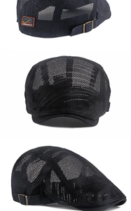 Detailed views of a breathable black mesh beret with an adjustable copper metal buckle