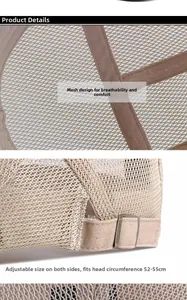 Detalle de hebilla metálica y tejido de malla en gorra transpirable beige para niños