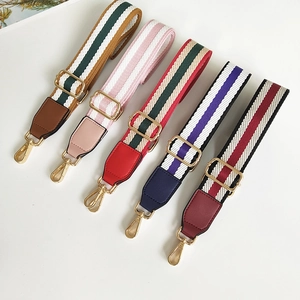 Adjustable colorful striped fabric bag straps with PU leather ends and gold metal clips